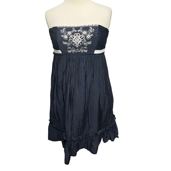 Agaci Mini Dress L Blue Strapless Lace Mesh Embroidered Smocked Y2K Boho Chic - Picture 2 of 14